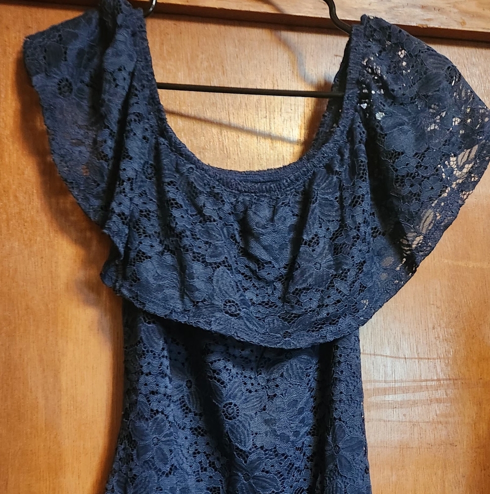 Blue Mini Dress with Ruffled Off-Shoulder Design - Picture 4 of 6
